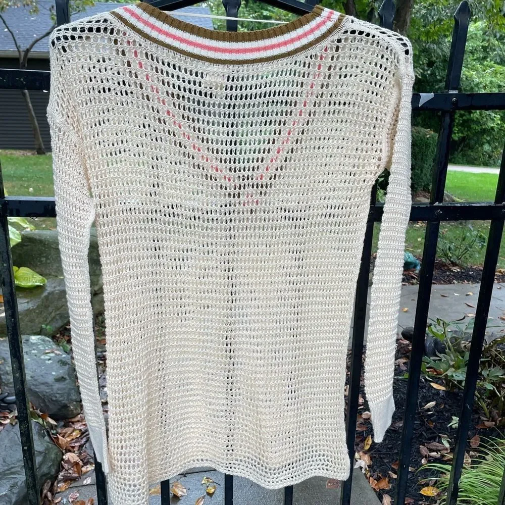 WE THE FREE  Crochet Open Knit deep V-Neck Sweater in cream